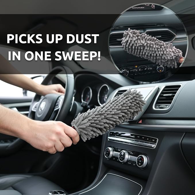 TAKAVU Car Duster Interior, 360° Microfiber Fingers, Lint & Scratch Free | Unbreakable Comfort Handle Duster, Includes Microfiber Towel, Lint-Free & Safe for Car & Home Interior, Gray
