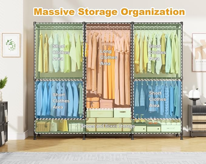 ULIFHOME E14C Pro Heavy Duty Closet Organizer System (Brand Custom) | Freestanding Adjustable Garment Racks for Hanging Clothes，69"W × 16"D × 77"H Max 960lbs，Black Rack with Classic Pattern Cover