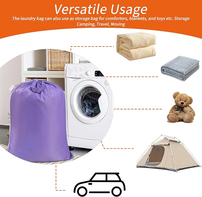 Extra Heavy-Duty Laundry Bag with Handles, Purple, 28x36" | Extra Large, Name ID Tag, Machine Washable, Reinforced Handles, Drawstring Closure, For College Dorm Travel
