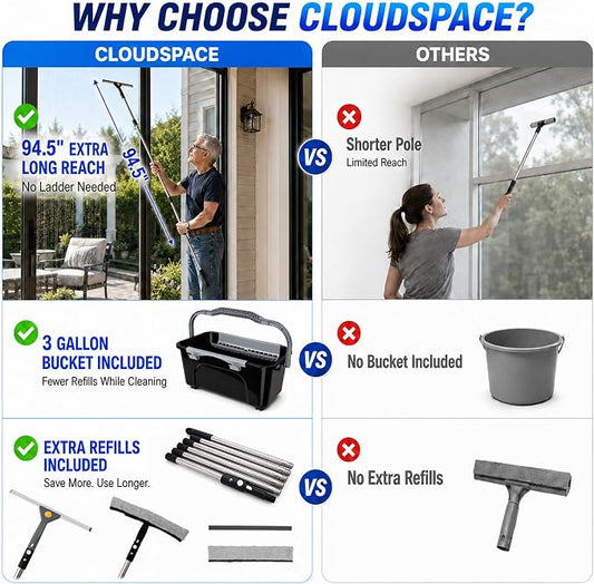 Window Washing Kit with Extension Pole(19–94.5"), Window Squeegee with Extension Pole, High Reach Window Cleaning Kit, 3 Gallon Bucket, Streak-Free Outdoor Window Cleaner, Extra Refills