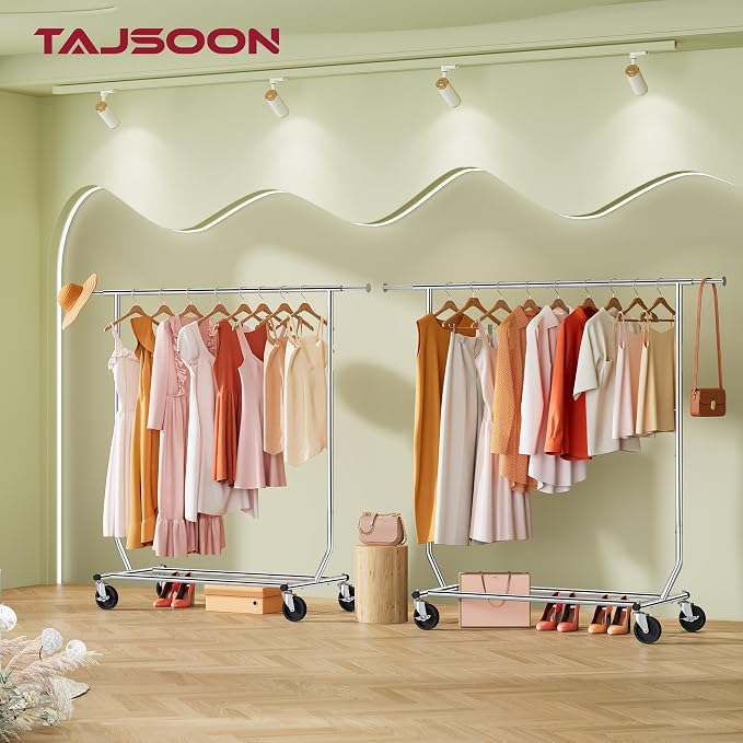 Tajsoon Clothing Rack Heavy Duty Clothes Racks Foldable Garment Rack with Wheels and Extendable Rod, Collapsible Clothing Rack Max Capacity 250lbs, Industrial Rolling Racks with Bottom Shelf, Chrome