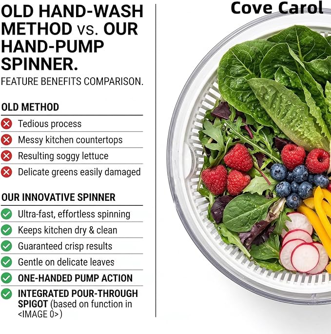 Cove Carol Large Salad Spinner, One-Handed Press-Type Vegetable Dryer, Built-in Filter Suitable for Fruits, Lettuce, and Vegetables; Salad Spinner, Lettuce Spinner 6.3 QT, Black