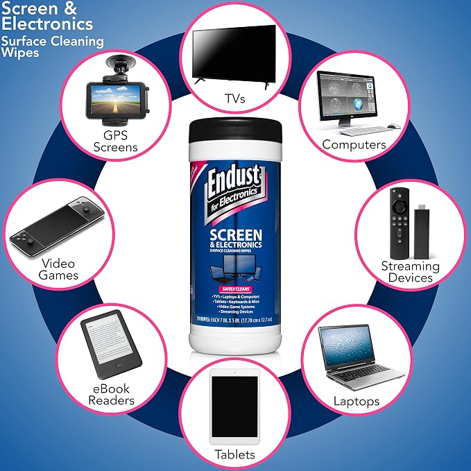 Endust for Electronics; Screen & Surface Cleaning Wipes, Great LCD and Plasma Wipes, 70 Wipes (11506)