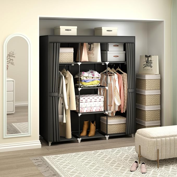 51" Portable Wardrobe Closet, Clothes Organizer, 8 Shelves 2 Rods, Black