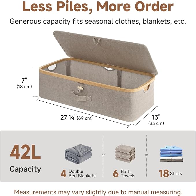 StorageWorks Underbed Storage Containers with Lids, 2-Pack 7" Low Profile Under Bed Storage Box with Bamboo Frame for Clothes, Bedding, Blankets and Shoes, 42L Sturdy Fabric Organizer, Taupe