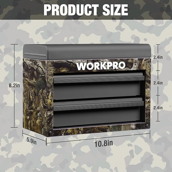 WORKPRO Metal Mini Tool Box with 2 Drawers and Top Storage | Cold Rolled Steel Toolbox, Ball Bearing Slides, PVC Drawer Liners, PP Feet Pads, Durable Storage
