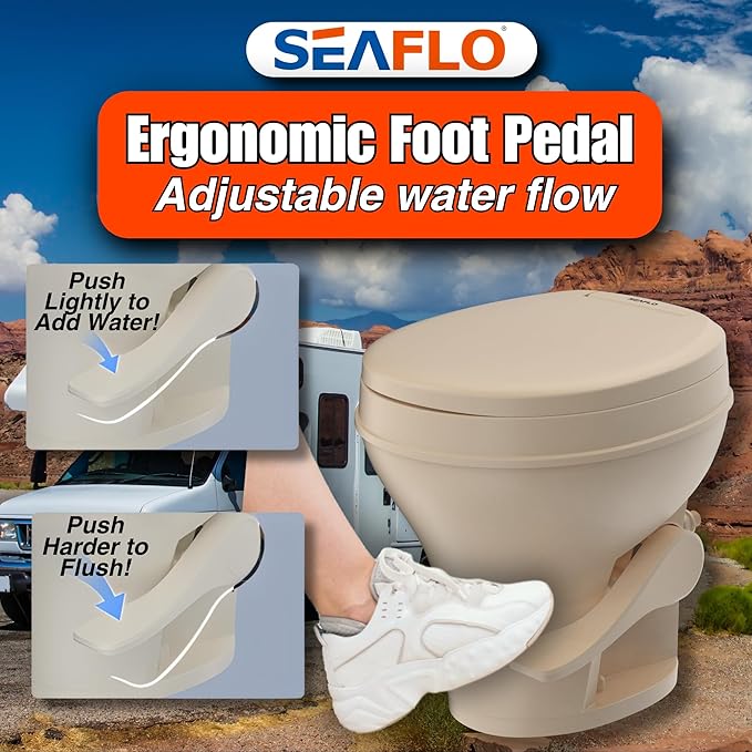 SEAFLO Bone RV Toilet, Residential Height 18.4", Gravity Flush Foot Pedal, Soft Close Seat, Camper Toilet for RV Motorhome Travel Trailer, Parchment, SFRTPH-02-01, 4-Year Warranty