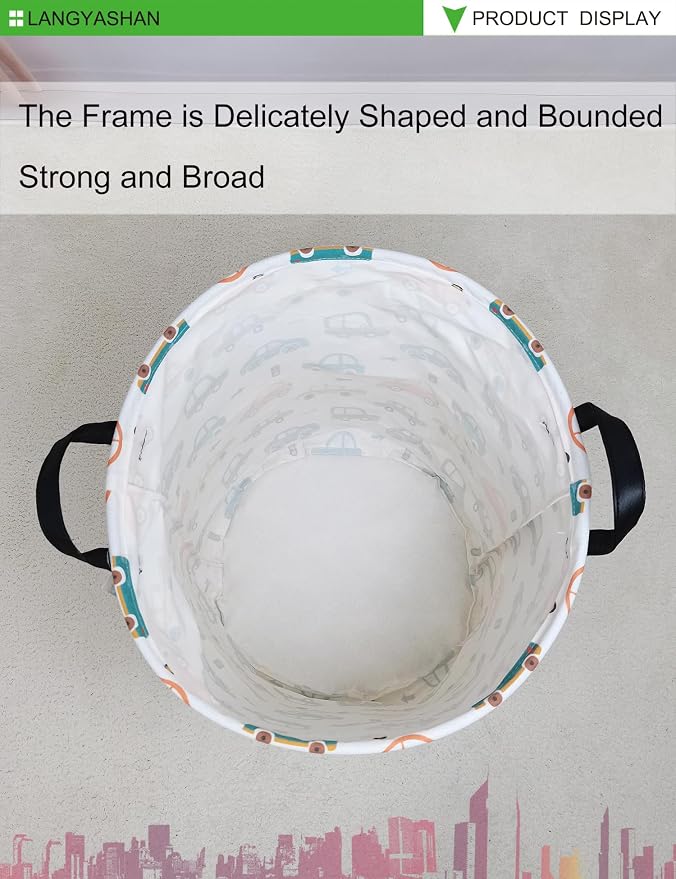 Round Laundry Basket Collapsible Storage Hamper Color Cars | Waterproof Canvas Foldable Baskets with sturdy Handles Multi-scene Organizer for Home Play Bedroom Gift Bin
