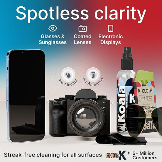 Koala Eyeglass Lens Cleaner Spray Kit | Japanese Microfiber (4 Piece Set) | (2x) Glasses Cleaner Bottle + (2x) Microfiber Cloth | Alcohol Free Eyeglasses, Screen, and Camera Cleaning Kit | Made in USA