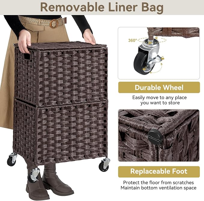 Chrislley Wicker Laundry Basket with Wheels,Rolling Laundry Hamper with Lid | 90L Slim Clothes Hamper with Wheels & Removable Liner Bag, Handwoven Rattan Laundry Organizer for Bedroom, Bathroom, Brown