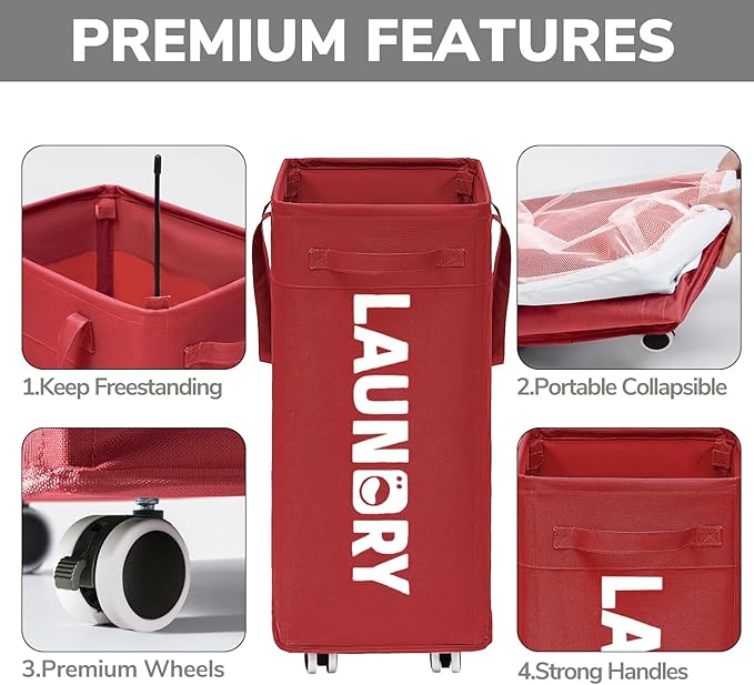 Goodpick 75L Collapsible Laundry Baskets with Removable Wash Bag and Wheels | Laundry Basket with Wheels, Rolling Laundry Hamper with Handle for College Dorm, Laundry Hamper on Wheels, Red