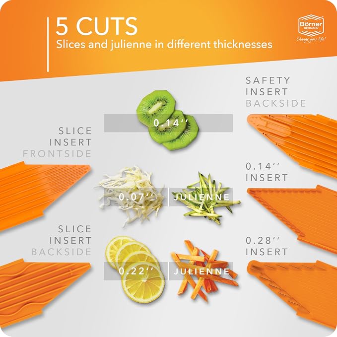 Mandoline Food Slicer Börner V1 (Starter Set) by Reston Lloyd • V-Slicer with 3 Blade Inserts & Food Holder • Made in Germany • Fruit & Vegetable Chopper • Multiple Settings • Color: Orange