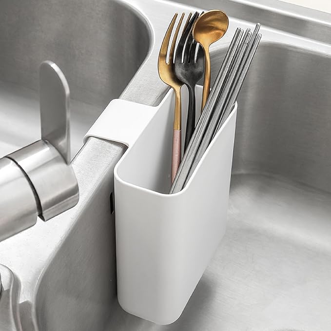 Multifunctional Compact Kitchen Drainer Drain Basket Utensil and Cutlery Drying Rack Holder and Hangable Sink Shelf Home Fruit Basket Plastic Storage Container (Deep) (White)