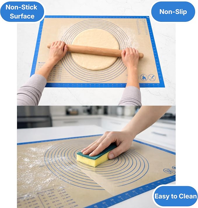 Silicone Pastry Mat with Measurements, 36 x 24 Inch Extra Thick Non-Slip Nonstick XL Baking Mat for Dough Rolling, Kneading, Fondant and Pie, Blue