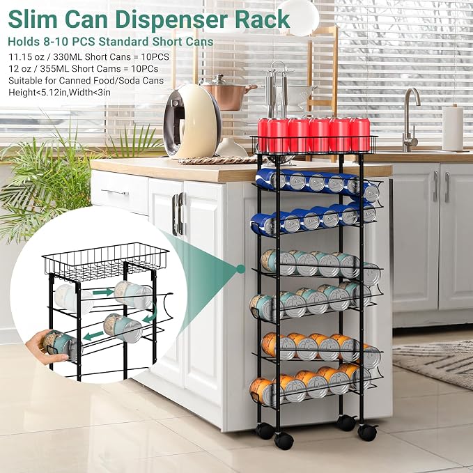 MOOACE Slim Soda Can Storage Cart with Wheels, Canned Food Organizer, Black | Rolling Cans Dispenser Rack, Top Basket, For Kitchen Pantry, Narrow Space