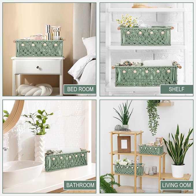 Vesici 4 Pcs Sage Green Macrame Storage Basket for Shelves 13" 11" Boho Storage Basket Hand Woven Boxes with Wood Handles Beads Decorative Countertop Toilet Cabinet Organizer for Home Decor