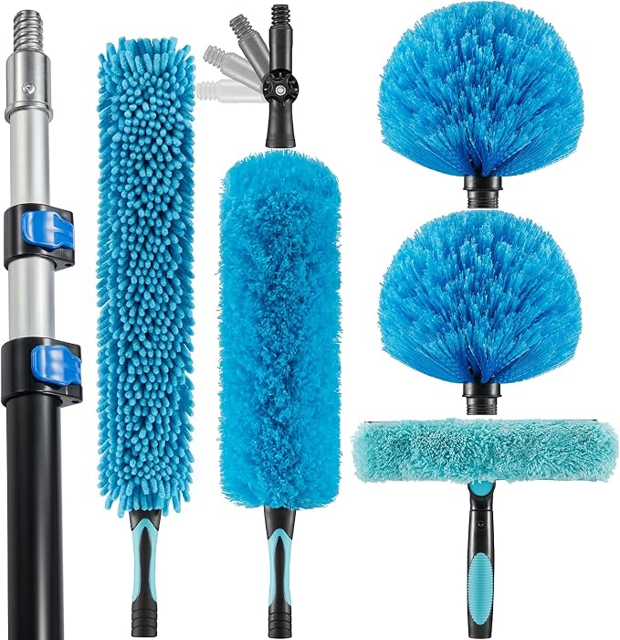 15 Foot High Ceiling Fan, Cobweb Duster with 5-8ft Extension Pole | Extendable, Reusable Feather, Window Cleaning Squeegee Kit