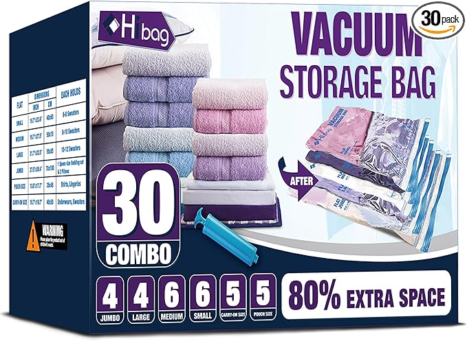 30 Combo Vacuum Storage Bags, Vacuum Seal Bags for Clothing and Bedding | Various Size, Airtight Triple Seal, Save 80% Space, Hand Pump, Work with Vacuum, Double Zip, Reusable, Easy to Use