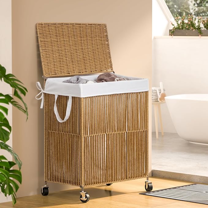 WOWLIVE Rolling Laundry Basket Wheels, Handwoven Laundry Hamper with Lid | Double Clothes Hamper with Divided Removable Bag, 115L Large Laundry Sorter 2 Section, Laundry Room Organization, Natural