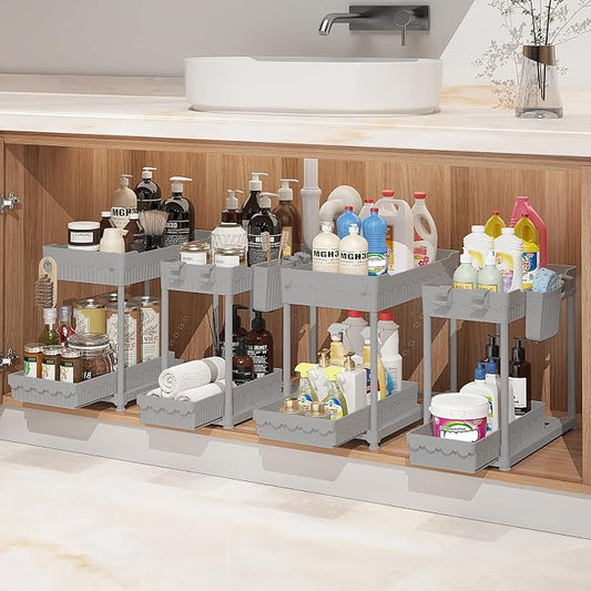 Sevenblue Under Sink Organizer, Bathroom Organizers and Storage, 2 Tier Multi-Use Pull Out Cabinet Organizer with Hang Hooks and Cups (Gray, 14.8 Inch)