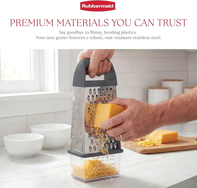 Rubbermaid EZ Grip Box Grater, Stainless Steel Cheese Grater & Container - BPA Free Multi-Surface Cheese Shredder & Food Grater for all Vegetables | Graters for Kitchen -Non-Slip Base, Dishwasher Safe