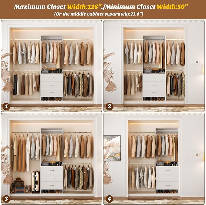 Aheaplus Closet System, Closet Organizer with 3 Wooden Drawers, Closet Organizer System, Walk-in Closet Wardrobe Clothes Rack with 4 Hanging Rods, Garment Rack, -4R, White