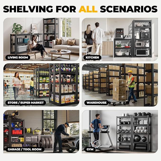 Auto Dynasty 5-Tier Storage Shelves Set of 2, 72" H (3000LBS Capacity) Adjustable Garage Shelving, Metal Storage Utility Rack Shelf Unit for Pantry Kitchen Warehouse, 72" H x 35" W x 16" D, Black