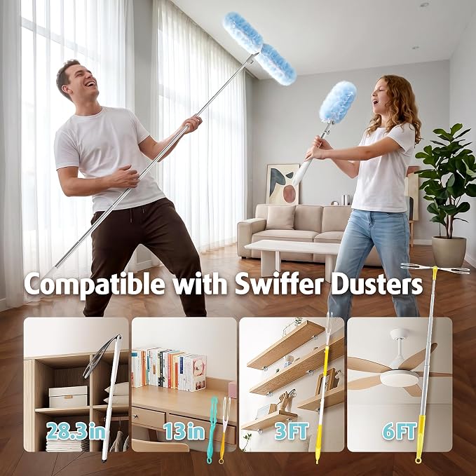 AIR U+ 6ft Extendable Duster with 40 Refills for Swiffer Dusters | 360 double-head microfiber, heavy duty disposable duster, ceiling fan high reach, traps dust pet hair no ladder needed