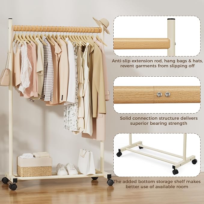 White Clothing Rack for Hanging Clothes, Portable Rolling Clothes Rack with Wheels, Heavy-Duty Metal Garment Racks with Bottom Shelf, Large Load Capacity & Easy Assembly