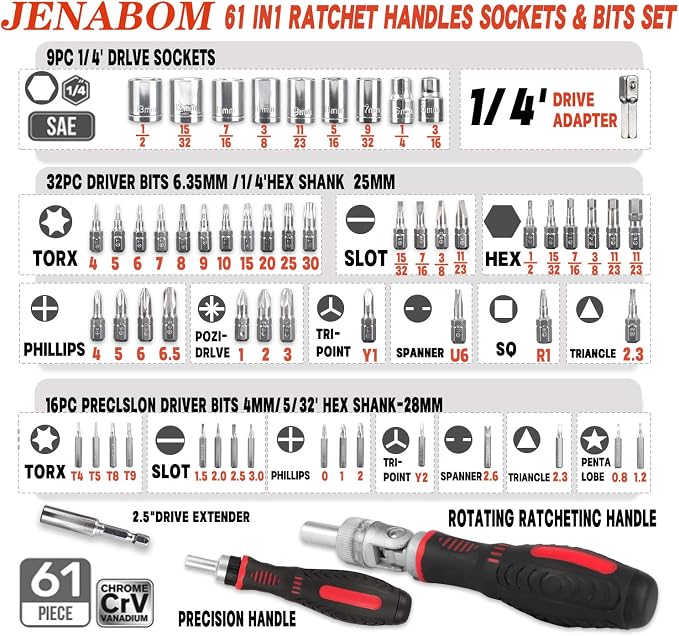 61 in 1 Ratcheting Screwdriver Set,Magnetic Screwdriver Bit Set | Rotatable Ratchet Handles, Sockets & Bits, Household Repair Tool Kits for Computers, Electronic Devices, Furniture