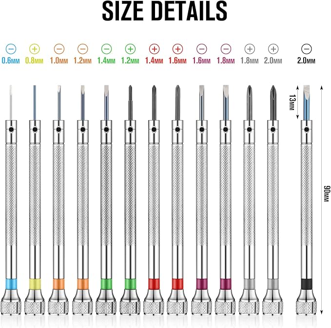 Chumia Watch Screwdriver Set, 13 Pcs Jeweler Micro Screwdriver 0.6-2.0 mm | Flathead & Phillips Tips, 13 Spare Blades, Eyeglasses Electronics Repair Kit