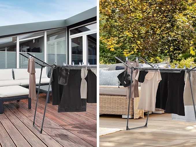 Leifheit Pegasus 150 Solid Slim Black Edition Clothes Airer, Stable Tumble Dryer, Long Wings, Particularly Compact Wing Balcony Airer that Goes Through Narrow Doors