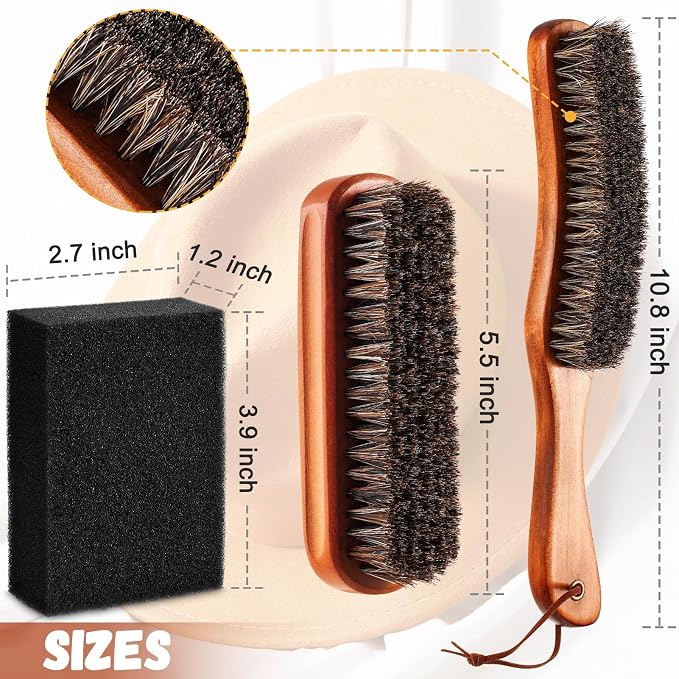 4 Pcs Horsehair Felt Hat Brush Kit with Cleaning Sponge Cowboy Clean Hat Wood Fedora Hat Cleaning Set Baseball Cap Lint Brush Remove Dust for Hair Furniture Suits Clothes(Style A)