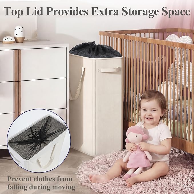 Optish 50L Slim Laundry Hamper, Baby Hamper for Nursery with Handles, Narrow Laundry Basket for Dorm, Bedroom, Living Room, Collapsible Laundry Basket, White