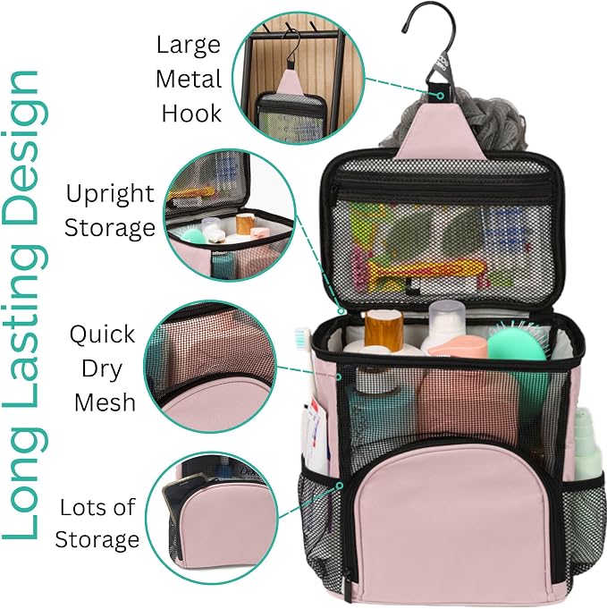 TERRA HOME College Dorm Room Essentials for Girls - Original Shower Caddy Dorm - Portable, Durable, Roomy, Foldable Water Resistant Shower Bag in Light Pink with Metal Hook for Hanging (Blush Pink)