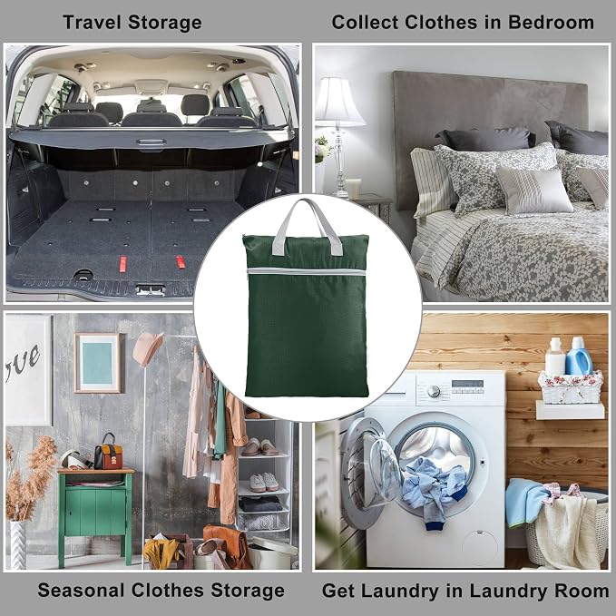 BeeGreen Dark Green Travel Laundry Bag with Srap & Zipper Pockets Hanging Laundry Hamper Heavy Duty Collapsible for Dirty Clothes College Dorm Gym Beach Pool Swimsuit