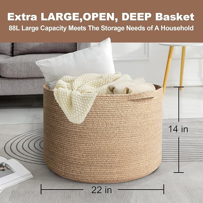 MEGASKET Extra Large Storage Basket, 22”x14” Woven Cotton Rope Basket, Big Kids Dog Floor Toy Bin, XXL Blanket Pillow Holder for Living Room Bedroom, Brown Variegated Round Baskets for Organizing