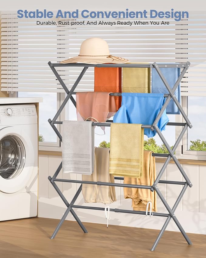 APEXCHASER Oversize 3-Tier Clothes Drying Rack, No Install, Grey | Expandable Design, Non-slip feet, Tool-free Setup, Rust Prevention, Sturdy Construction, 14.9" D x 29.3" W, Holds 24lbs