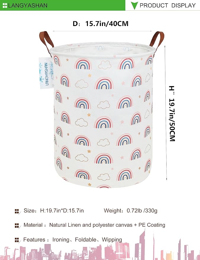 Round Laundry Basket Collapsible Storage Hamper Cloud Rainbow | Waterproof Canvas Foldable Baskets with sturdy Handles Multi-scene Organizer for Home Play Bedroom Gift Bin