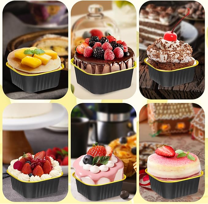 200Pack 5oz Black&Gold Mini Cake Pans with Lids Baking Cups Aluminum Foil Pans Tins, Individual Dessert Cups Containers for Sales,Party,Picnics