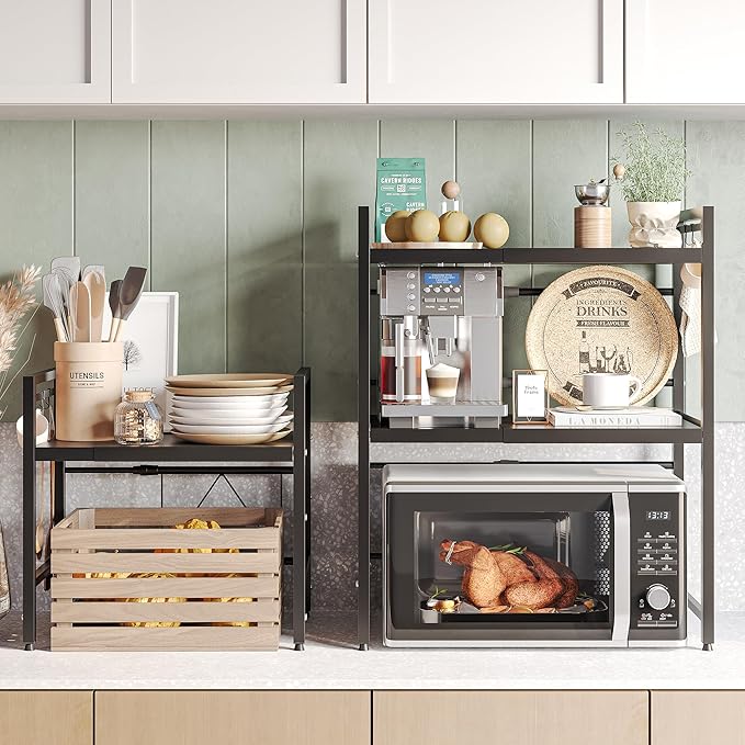 NETEL 2 Tier Expandable Microwave Stand countertop,Microwave Oven Rack | microwave shelf, storage shelves for pans &appliances,Adjustable partition height，8 Hooks，55lbs max load,Black