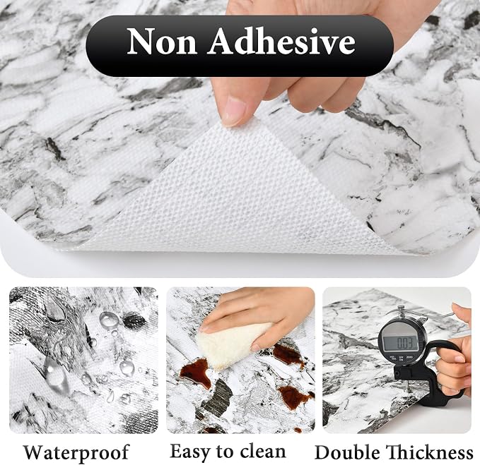 Drawer and Shelf Liner for Kitchen Cabinet: 12 in X 20 Ft Non Slip | Shelf Paper Non Adhesive Refrigerator Liners Grey and White Marble Easy Liners for Bathroom with Knife Tape Measure