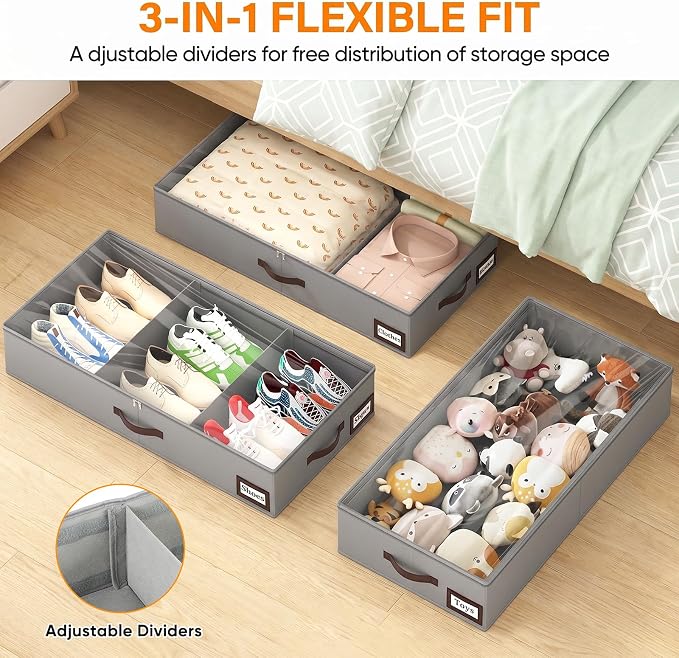 OIAHOMY 2 Pack 38L Under Bed Storage with Adjustable Dividers, 6" Low Profile Underbed Storage Bins for Comforters & Clothes, Save Closet Space with Clear View Lid & Reinforced Handles, Grey