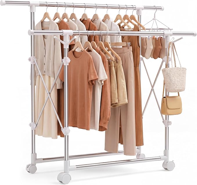 Clothes Drying Rack Foldable,Portable Laundry Collapsible | Folding Stainless Steel Standing Dry Rack for Outdoor Indoor Adjustable Double Rod with Wheels,Space Saving Rolling Dry Rack