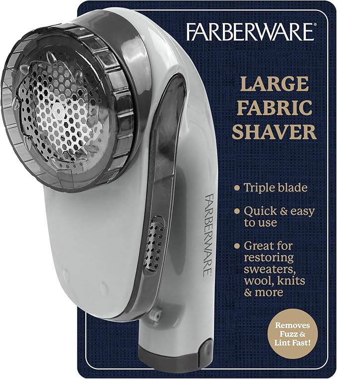 Farberware Fabric Shaver & Lint Remover for Clothing, Large, Triple Blade | Sweater shaver removes pilling, fuzz, and lint balls from clothes, couch, and furniture, battery operated