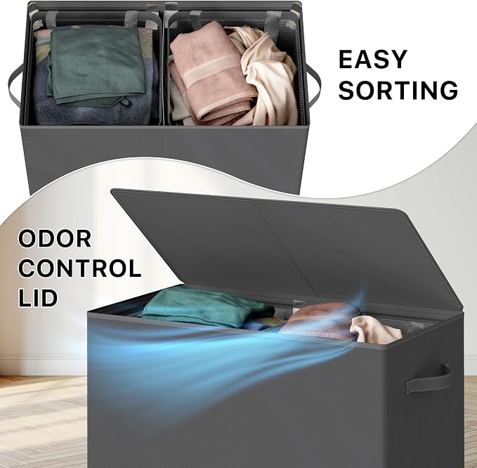 Simple Houseware Double Laundry Hamper with Lid & Removable Bags, Dark Gray | Heavy Duty 600D Polyester, Water-Resistant Surface
