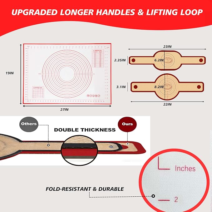 Silicone Baking Mat 3-Piece Set:1Pcs 27x19 inch Non-Slip Pastry Rolling Mat with Measurements &2Pcs Silicone Bread Sling for Sourdough Tools | Non-Stick, Dishwasher Safe, Reusable Baking Accessories