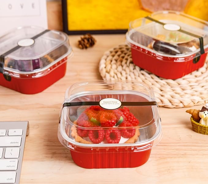 NPLUX 50 Pcs Mini Square Baking Cups with Lids and Spoons Aluminum Foil Mini Cake Pans with Lids Disposable Ramekins Cake Pans Dessert Cups for Wedding Birthday Party(Red,10oz) (Pack of 2)