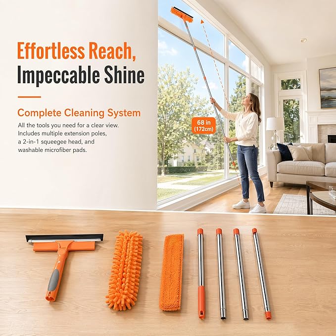 68'' Window Squeegee Cleaner Kit - 2-in-1 Rotatable Window Cleaning Tool with Extension Pole, Professional Streak-Free Squeegee with Bendable Head for Indoor/Outdoor Windows Car Glass (Orange)