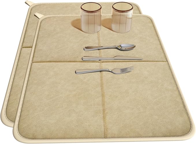 YDKGL 2 Pack PU Leather Dish Drying Mat for Kitchen Counter, Ultra Absorbent & Fast Drying Dish Mat Machine Washable Foldable Drying Pad for Countertops, Sinks, Draining Racks